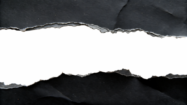 A piece of black paper is torn in the middle, revealing a white background, isolated on transparent background