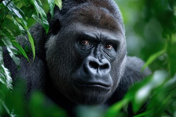 Obraz premium Majestic gorilla observing its lush tropical environment in the middle of the jungle