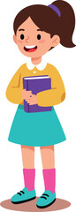 Fototapeta premium Girl holding purple book smiling cheerful standing wearing yellow sweater and blue skirt vector illustration