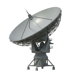 Satellite dish on a white backdrop for scientific research and global communication.