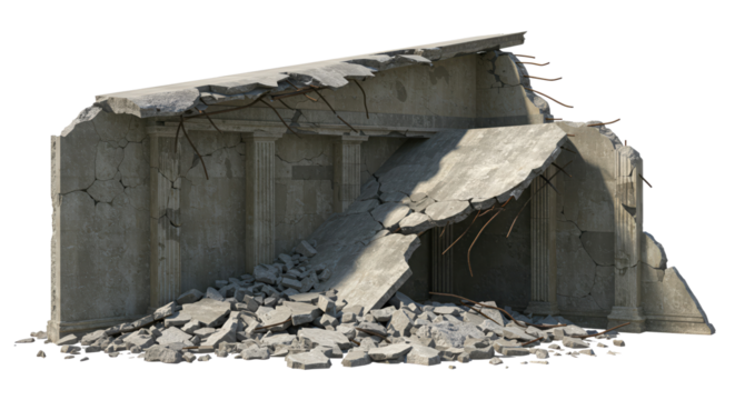 A weathered ruin of concrete architecture stands broken, showcasing decaying columns and fractured surfaces against a dark backdrop.