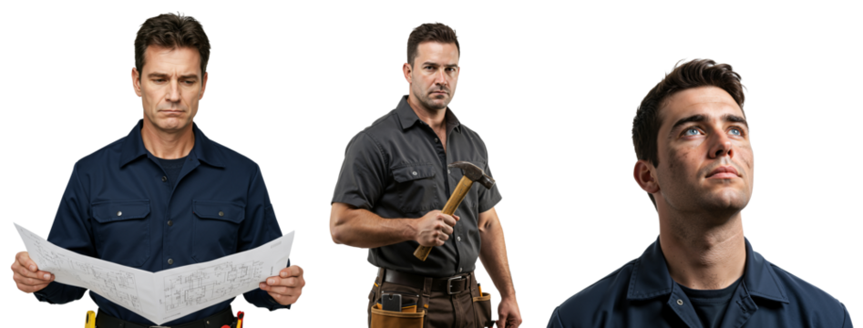 Three Adult Male Construction Workers Assessing Plans and Tools in Professional Setting – Collaboration, Planning, and Expertise in Construction Industry