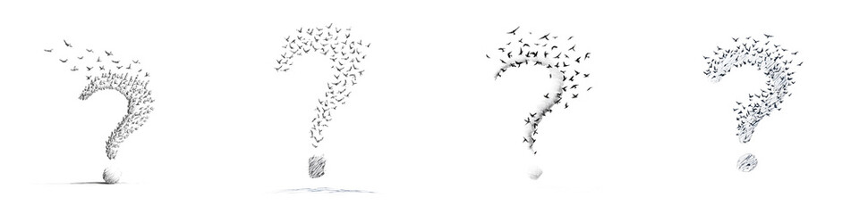 Conceptual Image of Question Marks Dissolving Into Particles on White