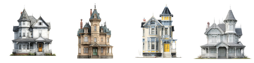 Fototapeta premium Collection of Victorian Era Style Houses on a White Background