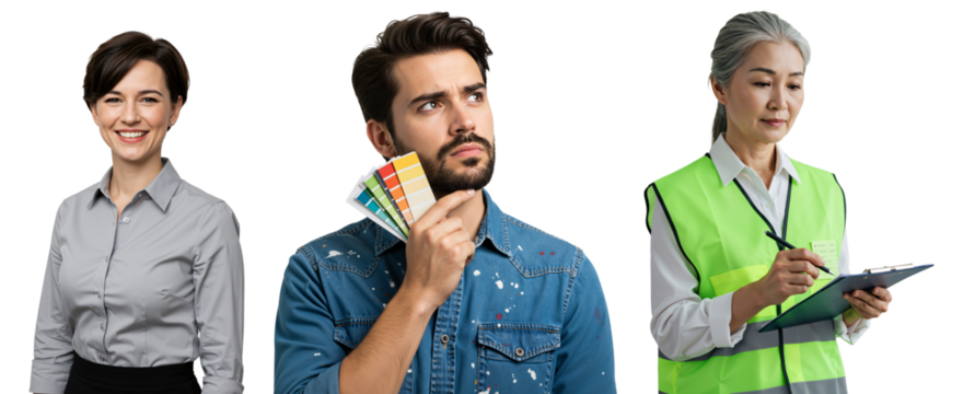 Diverse Group of Three Professionals: Young Hispanic Male Holding Color Swatches, Middle-Aged Caucasian Female Smiling, and Elderly Asian Woman in Safety Vest Taking Notes
