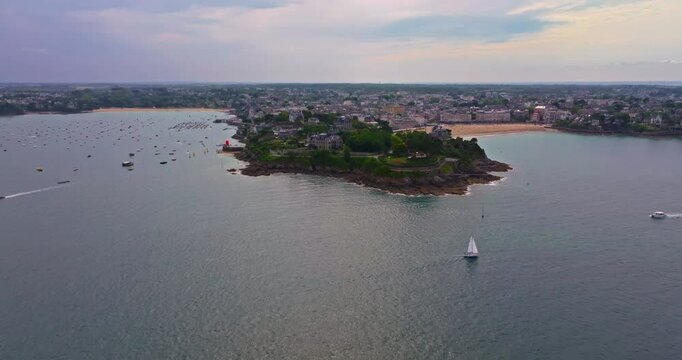 Aerial view on the harbor of Douarnenez in Brittany. A quiet fishing bay with yachts and boats, Brittany, France