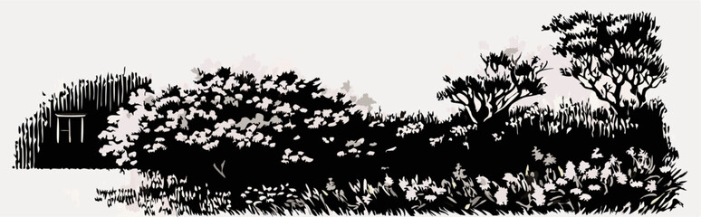 Black and White Illustration of Lush Landscape with House