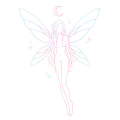 Illustrating a black-line angel with wings surrounded by stars on a black-and-white background conveys a dreamlike vision of purity, hope, and celestial mystery, ideal for spiritual and creative