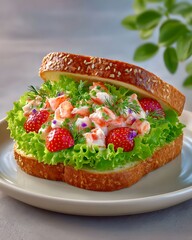 Appetizing crab meat sandwich with mayonnaise, fresh bread, savory seafood lunch presentation, perfect for culinary visuals, menu or lunchbox design.