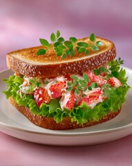 Fresh crab stick sandwich with creamy seafood filling, appetizing lunchbox idea, homemade cafe-style lunch, vibrant food photography for culinary or picnic visuals.