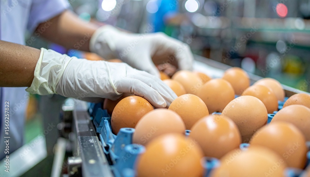Poster close-up of a worker handling eggs in a factory. the eggs are neatly arranged in blue containers and