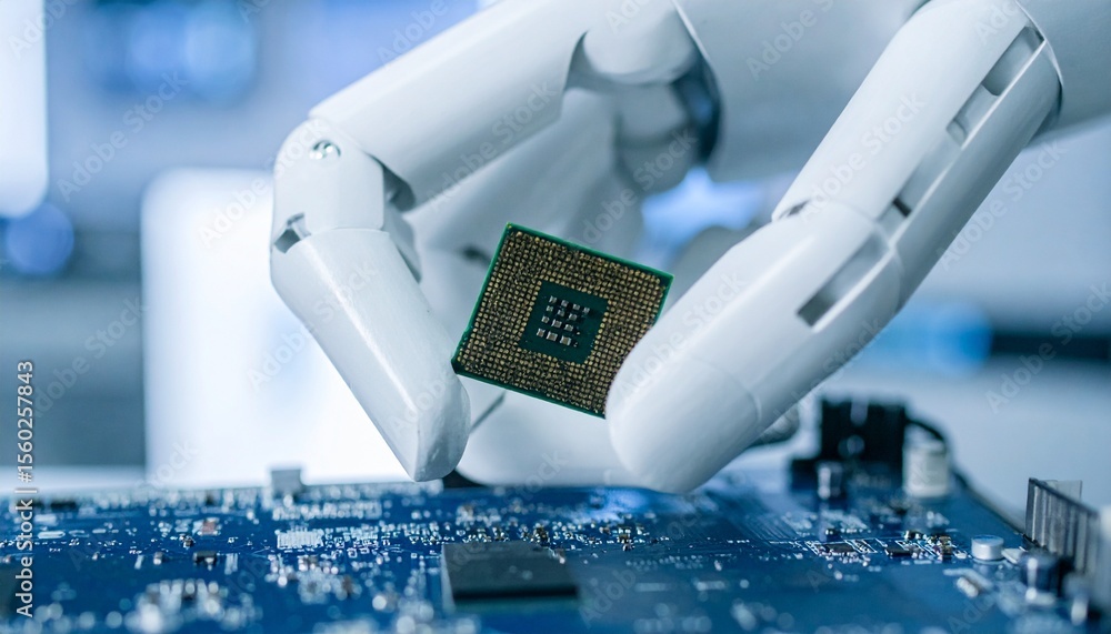Poster a robotic hand carefully holding a microchip, set against a backdrop of a circuit board, showcasing 
