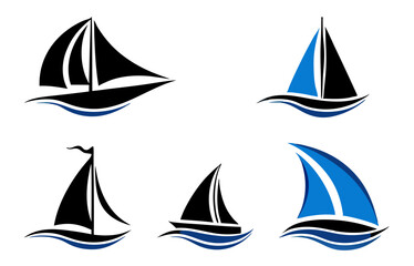Sailboat Icons: Set of Black and Blue Sailing Boat Logos