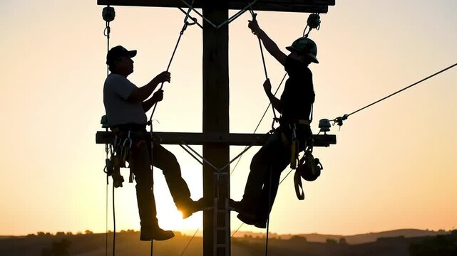 Silhouette of two linemen on a power pole working at golden hour sunrise
