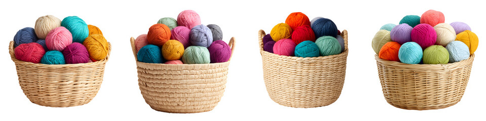 Colorful Yarn Balls in Wicker Baskets Set on White Background