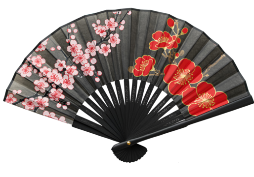 Elegant black folding fan with delicate pink and red floral designs, perfect for representing Asian culture and decorative arts. - Powered by Adobe