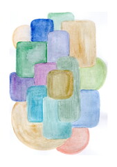 An abstract drawing done in watercolor. The composition consists of superimposed rectangles with rounded corners, as well as semicircular and oval shapes. The color palette is soft and muted.