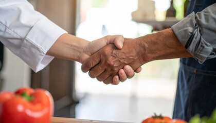 Two individuals shake hands, symbolizing collaboration and agreement. The scene is set in a kitchen setting, with tomatoes in the foreground. The handshake shows professionalism and business