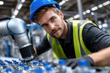 Young worker collaborating with a robotic arm in a busy beverage production facility