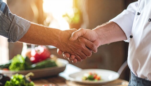 Chef and Partner Shaking Hands after successful deal at the kitchen counter