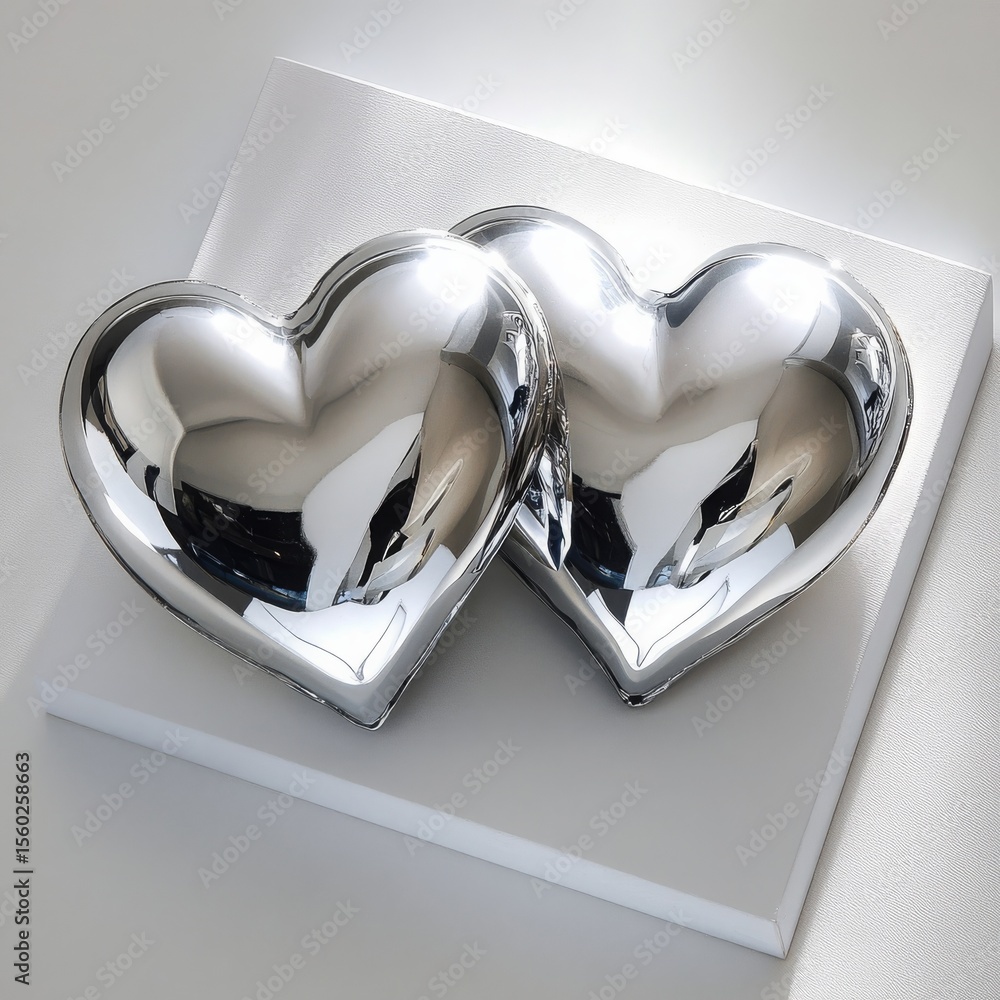 Poster reflective chrome hearts on a white surface: a symbol of modern love and affection with subtle light