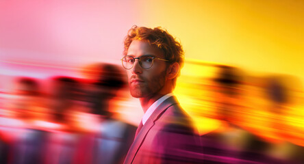 Confident businessman in glasses standing still among motion-blurred crowd in vivid yellow orange and pink lighting