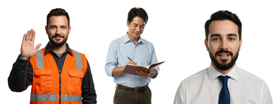 A Diverse Group of Adult Males Engaged in Various Professional Activities: A Construction Worker in Safety Gear, a Businessman Writing Notes, and a Formal Attendee