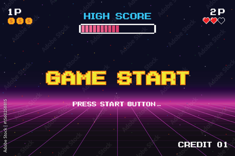 Aufkleber game start. pixel art .8 bit game. retro game. for game assets in vector illustrations. arcade gamin