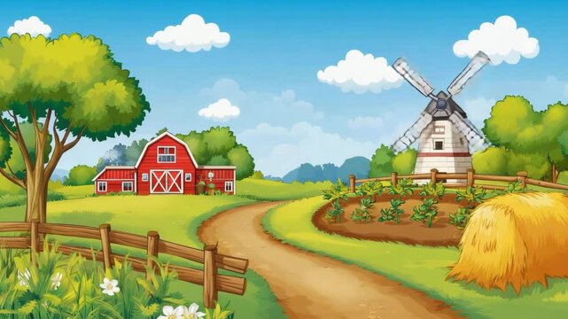 Explore a vibrant farm with a red barn and windmill set in sunny landscape