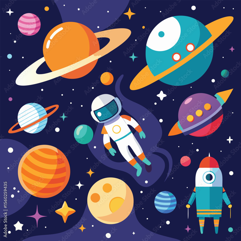 Poster outer space exploration ? astronauts, planets, spaceship, stars..eps