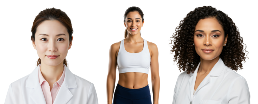 A diverse group featuring three women: a young Asian scientist in a lab coat, a fit Hispanic athlete in activewear, and a confident Black woman with curly hair, exuding strength and professionalism.