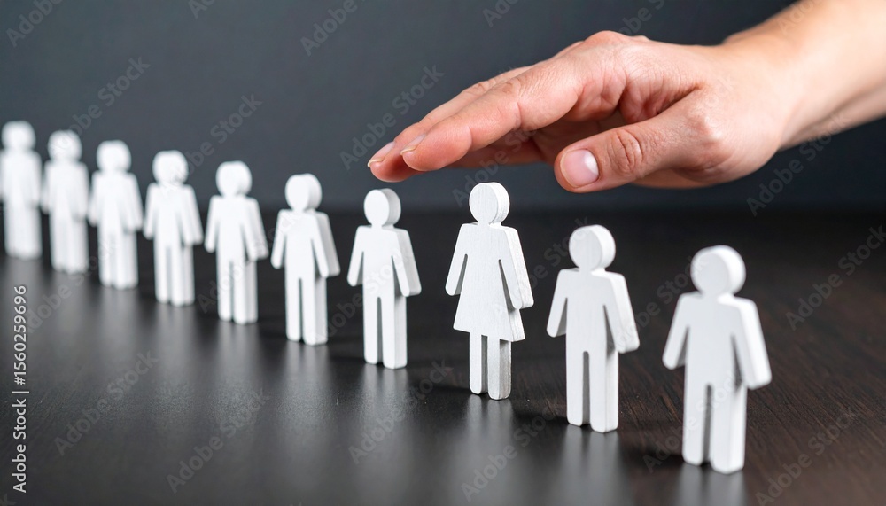 Poster a hand selects a figure from a line of small, stylized human figures. this image evokes the concepts