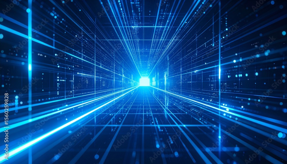 Poster dynamic digital tunnel with lines of light, representing a futuristic concept