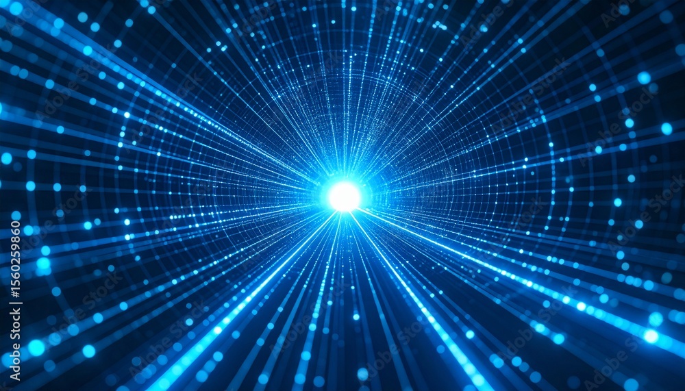 Poster abstract digital tunnel of blue light streaks and particles. bright light at the end of the tunnel. 