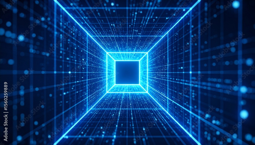 Poster abstract blue glowing digital lines and squares, symbolizing data flow in a futuristic and technolog