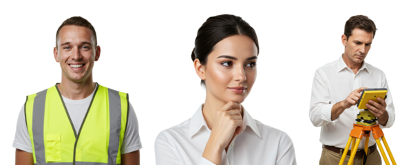 A male construction worker in a safety vest, a thoughtful female engineer, and a focused man using a surveying tool, showcasing teamwork in the field of engineering and construction.
