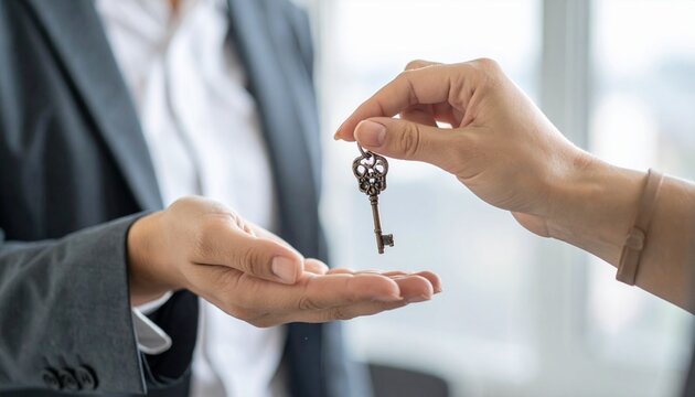 A close-up shot of two hands, one holding a key and the other outstretched to receive it. It evokes a sense of transfer and new beginnings