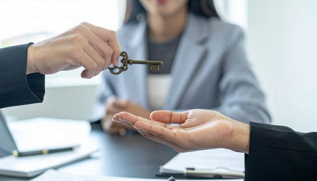 A person handing over a key to another person at a desk