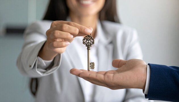 A key being passed between two hands. A woman handing over a vintage key to another person, representing a new beginning or ownership