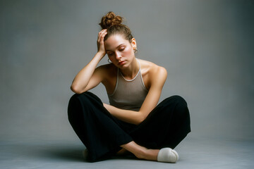 Fototapeta premium A woman is sitting on the floor with her head in her hands