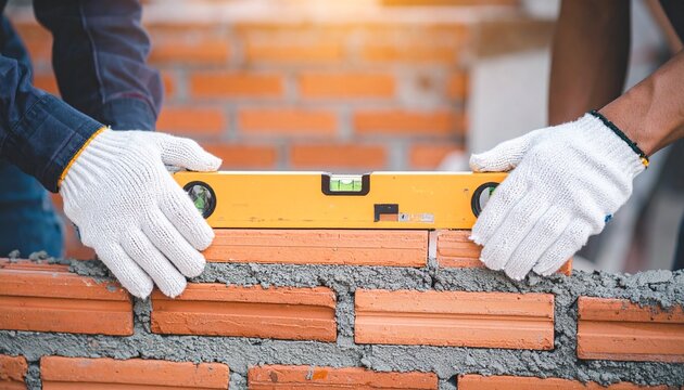 Construction worker working on a brick wall, ensuring everything is level and straight using a level tool. 