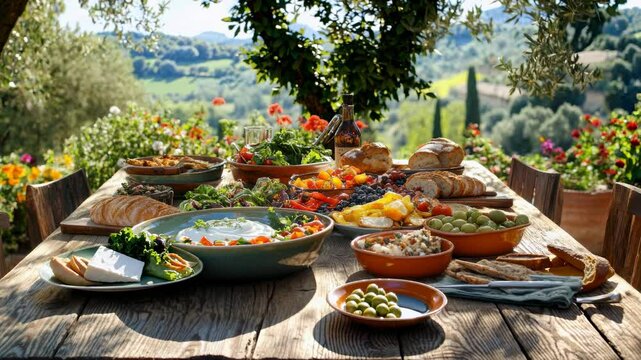 Mediterranean feast dinner table setting featuring variety of fresh salads, fruits, and breads displayed elegantly on a rustic table in a vibrant garden, surrounded by beautiful flowers and greenery