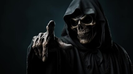 Creepy halloween grim reaper figure wearing a black rope against a dark background. - Powered by Adobe