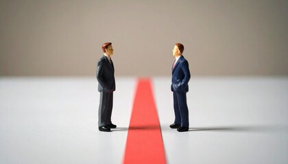 Fototapeta premium Two miniature businessmen standing opposite each other on a red carpet, symbolizing a business negotiation or competition.