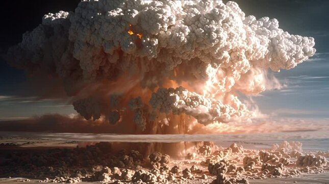 Cinematic shot of an enormous, apocalyptic explosion with a massive fireball and shockwave dwarfing the landscape.

