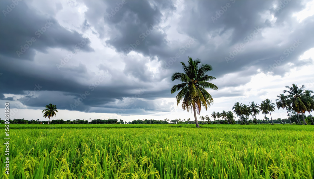 Poster rice field with palm trees in the background under a stormy sky creating a dramatic scene with copy 