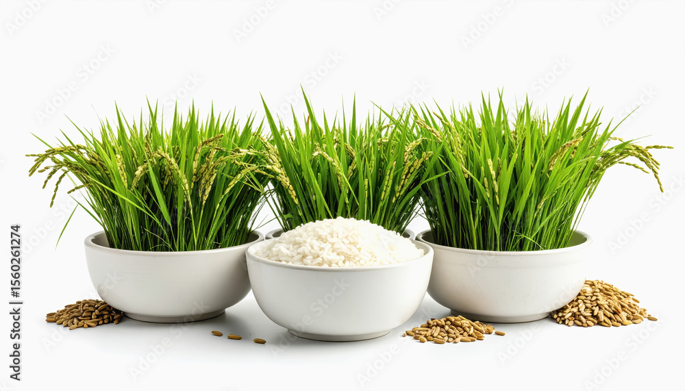 Poster an arrangement of rice in two bowls isolated on a white background with ample copy space for textual