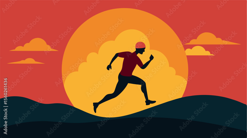 Poster a silhouette of a person running towards a bright sunset symbolizing the importance of physical exer