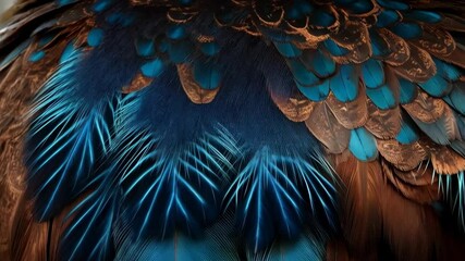 Macro shot of intricately detailed bird plumage in shades of teal, brown and blue, showing delicate feathers with textured patterns - Powered by Adobe