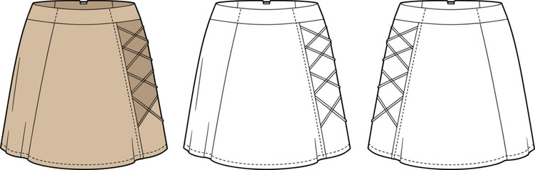  Fashion flat sketch of women’s A-line mini skirt with side crisscross panel detail, waistband, dart seams, front and back viewflat vector illustration